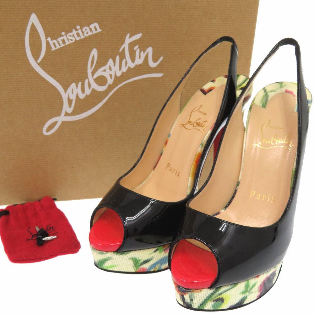 新品同様 クリスチャンルブタン レディ ピープ スリング モザイク パンプス オープントゥ 花柄 LADY PEEP SLING 150 MOSAIQU パテントレザー ブラック 0780【中古】Christian Louboutin