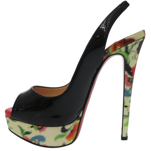 新品同様 クリスチャンルブタン レディ ピープ スリング モザイク パンプス オープントゥ 花柄 LADY PEEP SLING 150 MOSAIQU パテントレザー ブラック 0780【中古】Christian Louboutin