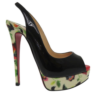 新品同様 クリスチャンルブタン レディ ピープ スリング モザイク パンプス オープントゥ 花柄 LADY PEEP SLING 150 MOSAIQU パテントレザー ブラック 0780【中古】Christian Louboutin