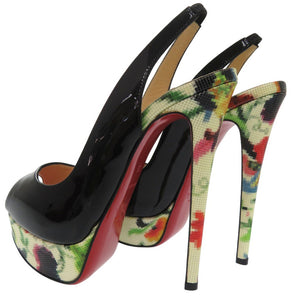 新品同様 クリスチャンルブタン レディ ピープ スリング モザイク パンプス オープントゥ 花柄 LADY PEEP SLING 150 MOSAIQU パテントレザー ブラック 0780【中古】Christian Louboutin