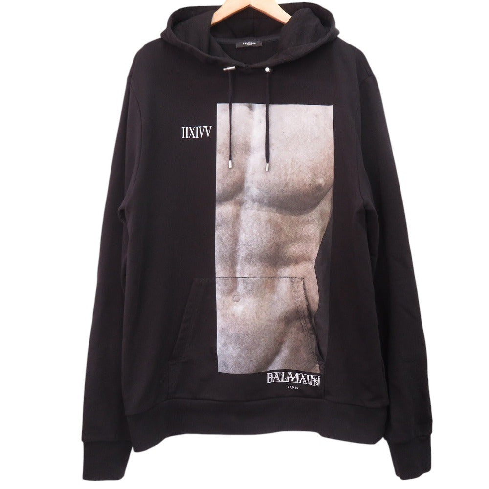 美品 バルマン ロゴプリント スウェットフーディー Sサイズ 長袖 SJT047GC87 パーカーコットン ブラック 0803【中古】BALMAIN