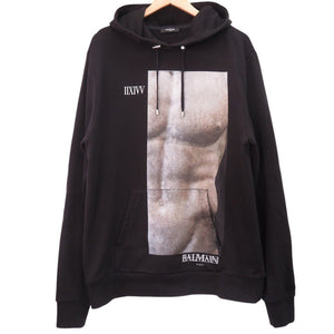 美品 バルマン ロゴプリント スウェットフーディー Sサイズ 長袖 SJT047GC87 パーカーコットン ブラック 0803【中古】BALMAIN