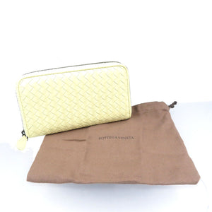 未使用 ボッテガヴェネタ イントレチャート レザー ライトイエロー ラウンドファスナー 長財布 1014【中古】BOTTEGA VENETA