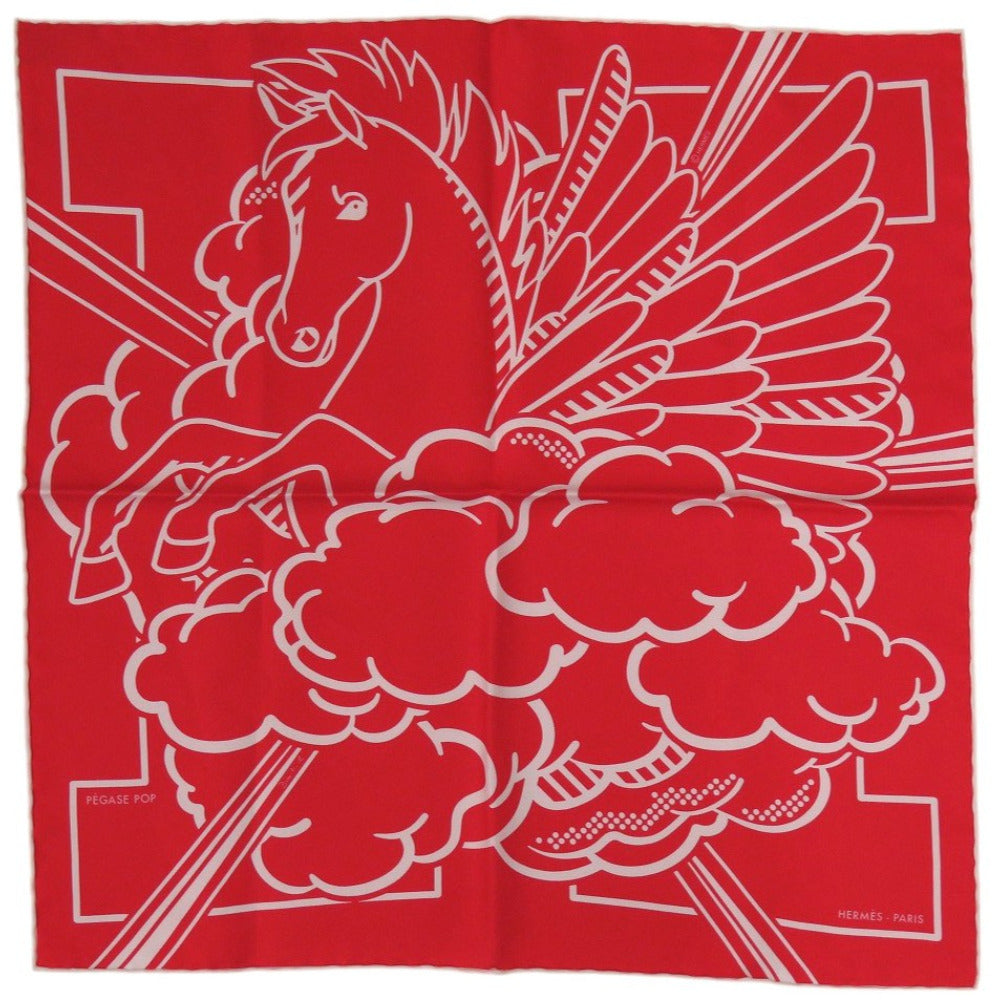 新品同様 エルメス カレ45 ガヴロッシュツイル ペガサスポップ シルク ローズ スカーフ 赤 1087【中古】HERMES