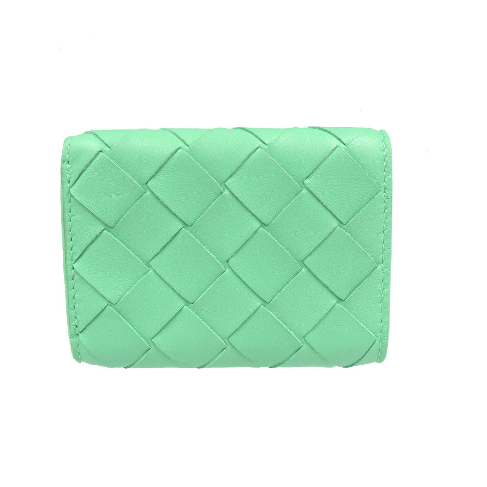 美品 ボッテガヴェネタ イントレチャート コンパクトウォレット カーフ シルバー金具 グリーン 三つ折り財布 1231【中古】BOTTEGA VENETA