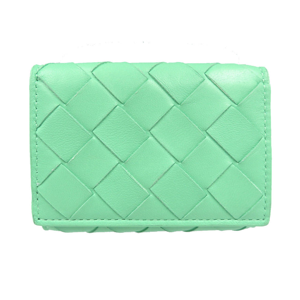 美品 ボッテガヴェネタ イントレチャート コンパクトウォレット カーフ シルバー金具 グリーン 三つ折り財布 1231【中古】BOTTEGA VENETA