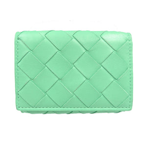 美品 ボッテガヴェネタ イントレチャート コンパクトウォレット カーフ シルバー金具 グリーン 三つ折り財布 1231【中古】BOTTEGA VENETA