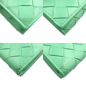 美品 ボッテガヴェネタ イントレチャート コンパクトウォレット カーフ シルバー金具 グリーン 三つ折り財布 1231【中古】BOTTEGA VENETA