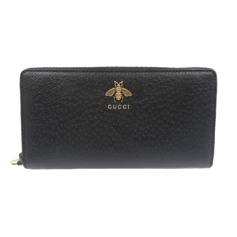グッチ アニマリエ 523667 ビー 蜂 レザー ゴールド金具 ブラック 黒 ラウンドファスナー 長財布 1243【中古】GUCCI