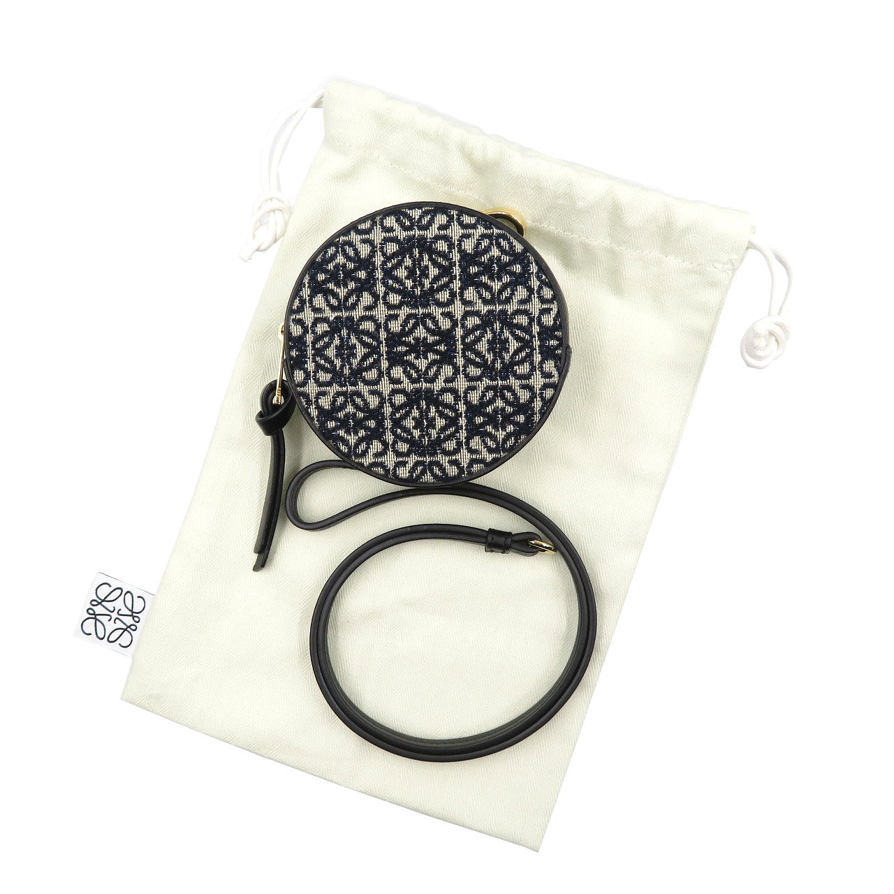 未使用 ロエベ アナグラム クッキーポーチ キャンバス ゴールド金具 ネイビー ブラック ストラップ付き  ポーチ 1320【中古】LOEWE