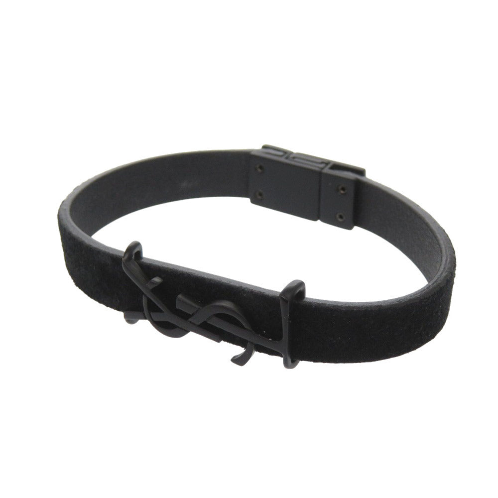 美品 サンローランパリ カサンドラ ロゴ スウェード メタル ソーブラック ブレスレット アクセサリー 黒 1490 【中古】 SAINT LAURENT PARIS