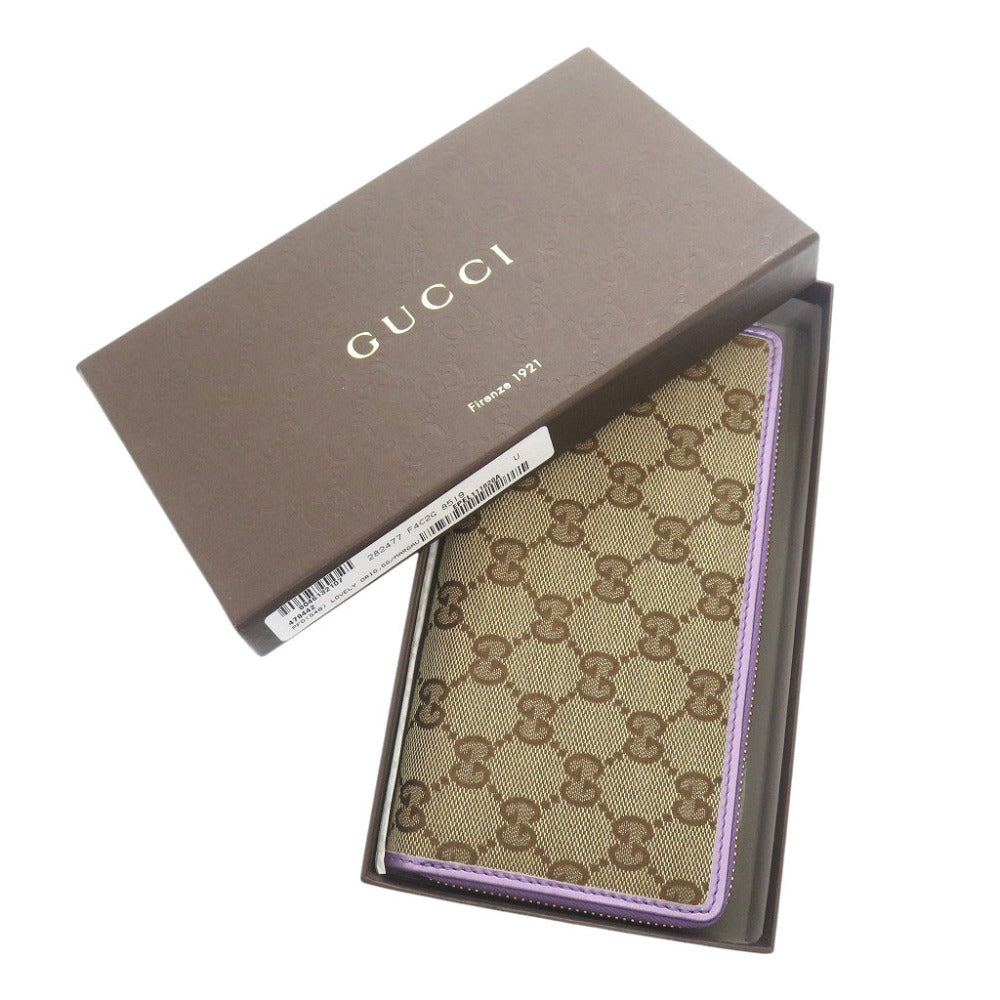 未使用品 グッチ GGキャンバス ベージュ/パープル232477  長財布 茶色 1528【中古】GUCCI