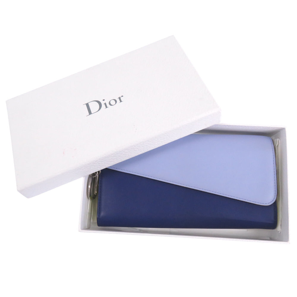 美品 クリスチャンディオール レザー バイカラー L字ファスナー 長財布 青 1546【中古】Christian Dior