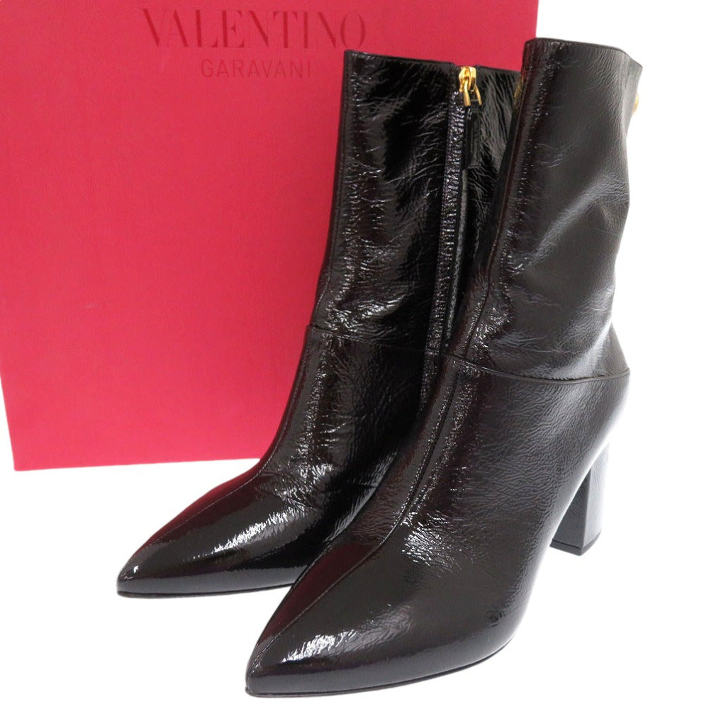 未使用品 ヴァレンティノ ガラヴァーニ ロックスタッズ チャンキーヒール パテント ショートブーツ EU38 SW0S0S61 XJI 0NO レザー ブラック 1682【中古】Valentino Garavani