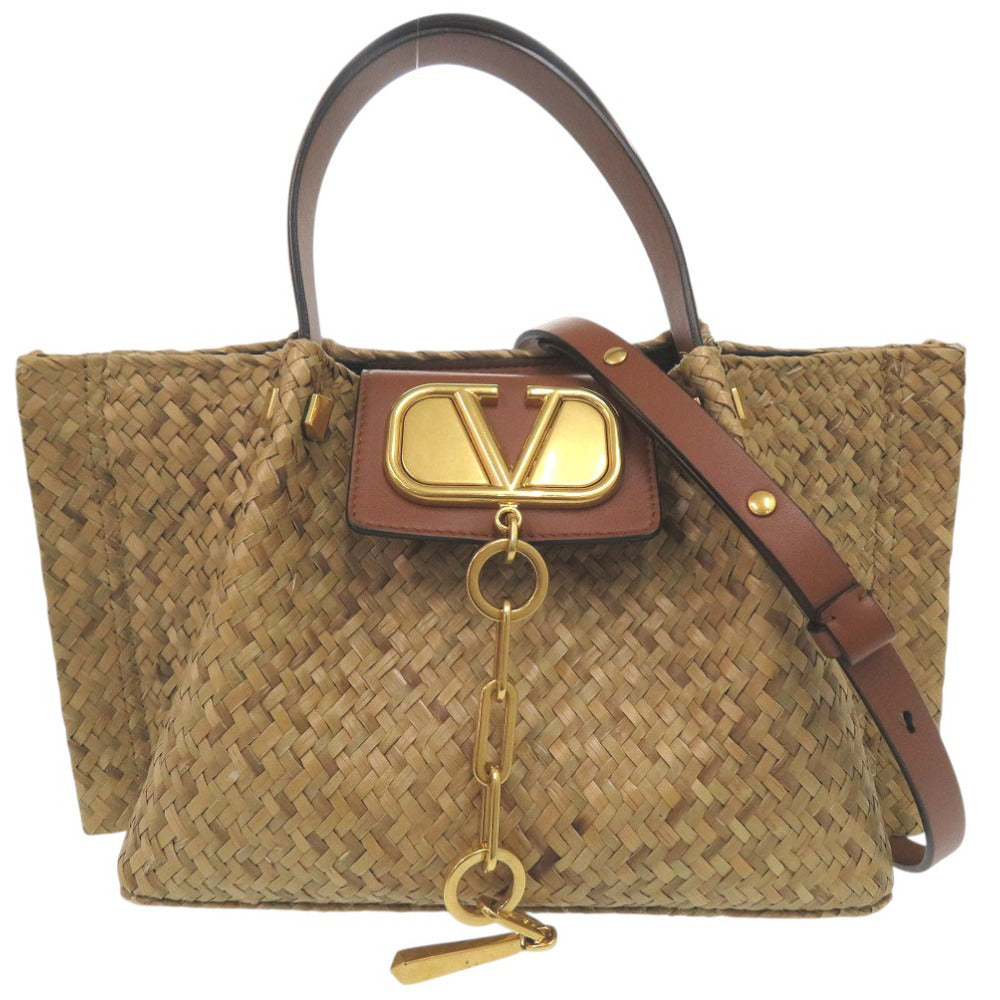 美品 ヴァレンティノ ガラヴァーニ Vロゴ ストロー 2way トートバッグ クロスボディ スタッズ ベージュ 0091【中古】Valentino Garavani