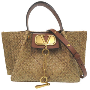 美品 ヴァレンティノ ガラヴァーニ Vロゴ ストロー 2way トートバッグ クロスボディ スタッズ ベージュ 0091【中古】Valentino Garavani