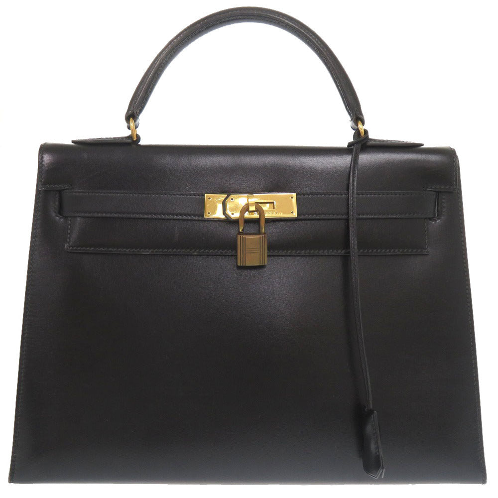 エルメス ケリー32 外縫い ボックスカーフ ブラック ゴールド金具 〇S刻印 ハンドバッグ 黒 0302 【中古】 HERMES