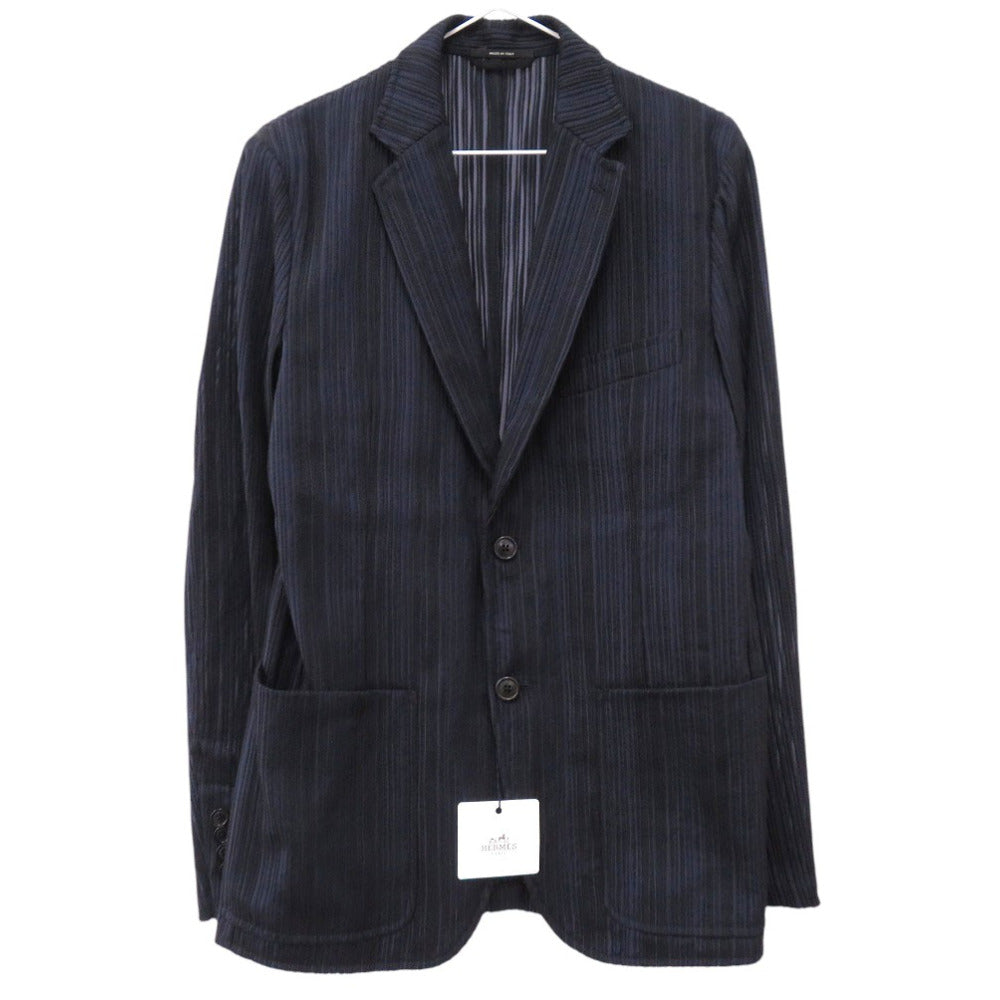 新品同様 エルメス ストライプ テーラードジャケット サイズ48 コットン プリーツ加工  734105H9 マリン 0438【中古】HERMES