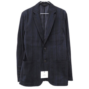 新品同様 エルメス ストライプ テーラードジャケット サイズ48 コットン プリーツ加工  734105H9 マリン 0438【中古】HERMES