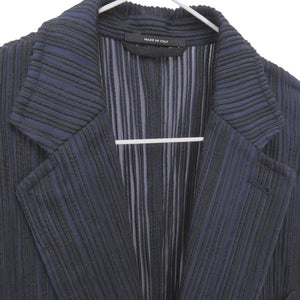 新品同様 エルメス ストライプ テーラードジャケット サイズ48 コットン プリーツ加工  734105H9 マリン 0438【中古】HERMES