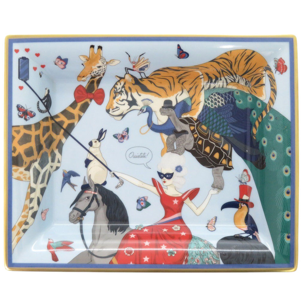 新品同様 エルメス エルメスストーリー アニマル柄 陶器 ブルー 食器 プレート 皿 青 0444【中古】HERMES