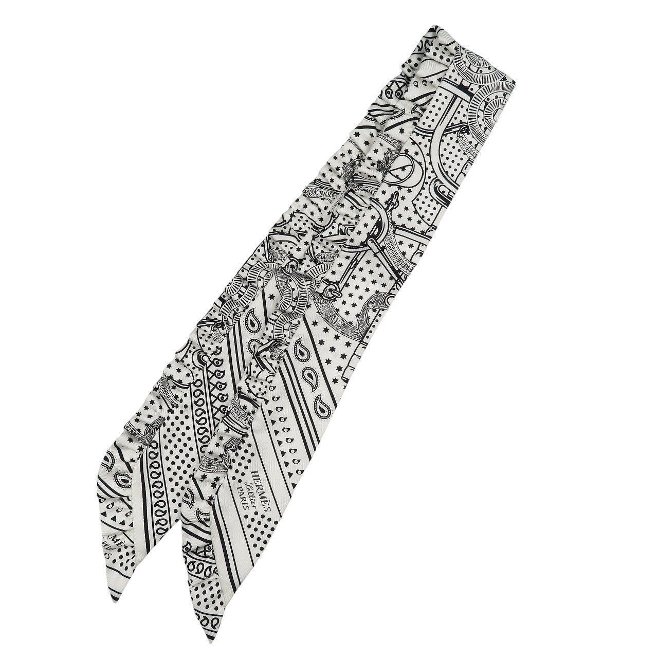 未使用 エルメス ツイリー フリル エプロン ドール シルク ホワイト ブラック 白 黒 スカーフ 0453【中古】HERMES