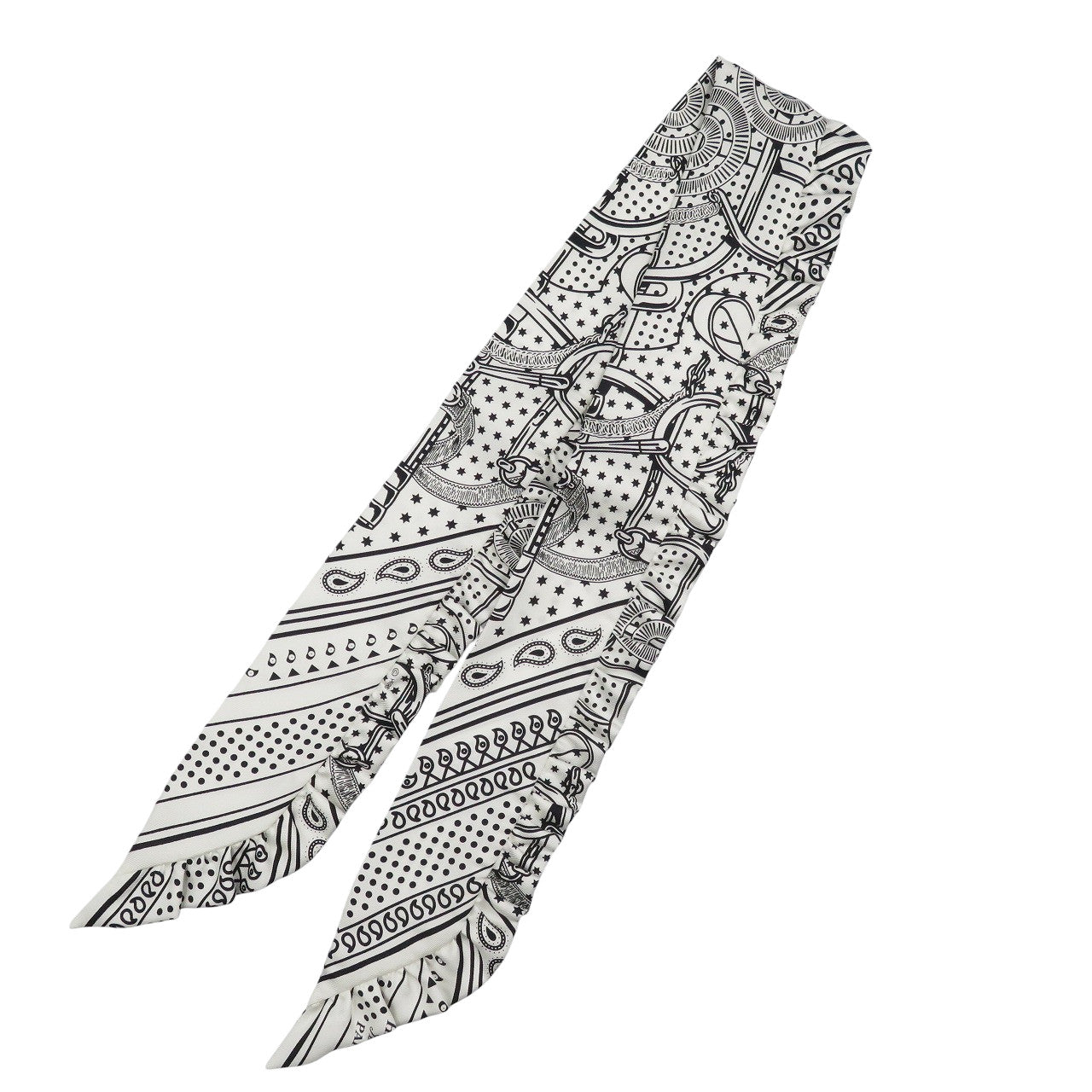 未使用 エルメス ツイリー フリル エプロン ドール シルク ホワイト ブラック 白 黒 スカーフ 0453【中古】HERMES