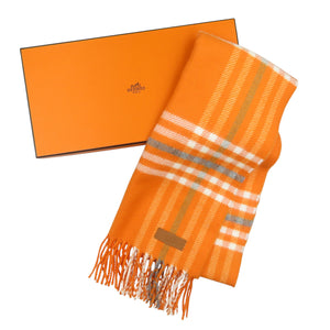 新品同様 エルメス チェック カシミヤ マンダリン エクリュ グリシン オレンジ マフラー ブランケット 0472【中古】HERMES