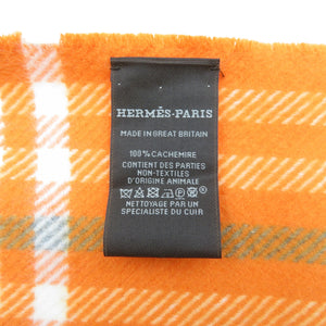 新品同様 エルメス チェック カシミヤ マンダリン エクリュ グリシン オレンジ マフラー ブランケット 0472【中古】HERMES