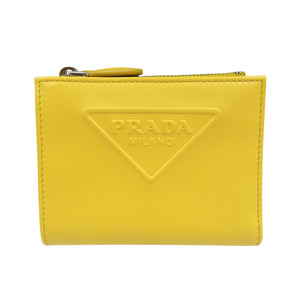 未使用 プラダ コンパクトウォレット 1ML050 レザー シルバー金具 イエロー 二つ折り財布 0473【中古】PRADA