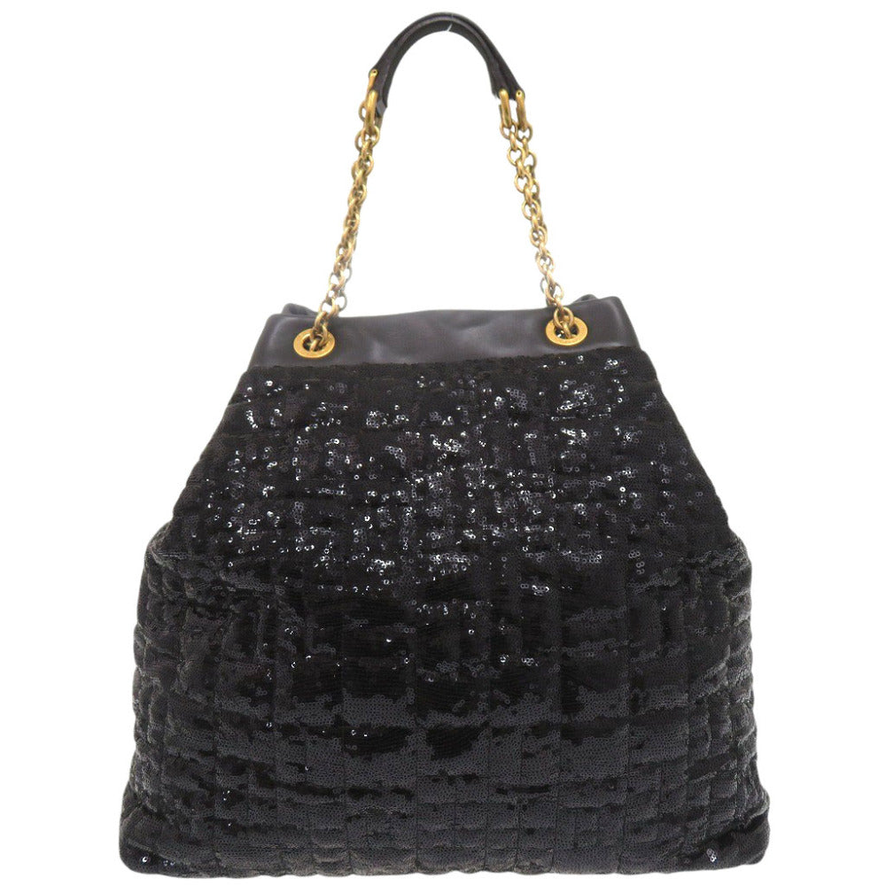 新品同様 ドルチェアンドガッバーナ スパンコール レザー ブラック チェーントートバッグ 黒 0499【中古】DOLCE&GABBANA