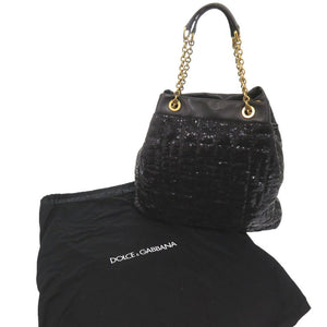 新品同様 ドルチェアンドガッバーナ スパンコール レザー ブラック チェーントートバッグ 黒 0499【中古】DOLCE&GABBANA