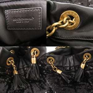 新品同様 ドルチェアンドガッバーナ スパンコール レザー ブラック チェーントートバッグ 黒 0499【中古】DOLCE&GABBANA