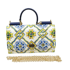 新品同様 ドルチェアンドガッバーナ シシリーウォレット マヨルカ柄 レザー PVC ゴールド金具 ホワイト ブルー イエロー チェーンウォレット 長財布 0500【中古】DOLCE&GABBANA