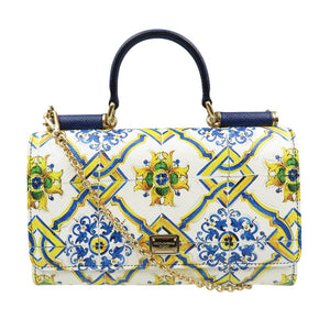 新品同様 ドルチェアンドガッバーナ シシリーウォレット マヨルカ柄 レザー PVC ゴールド金具 ホワイト ブルー イエロー チェーンウォレット 長財布 0500【中古】DOLCE&GABBANA