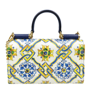 新品同様 ドルチェアンドガッバーナ シシリーウォレット マヨルカ柄 レザー PVC ゴールド金具 ホワイト ブルー イエロー チェーンウォレット 長財布 0500【中古】DOLCE&GABBANA