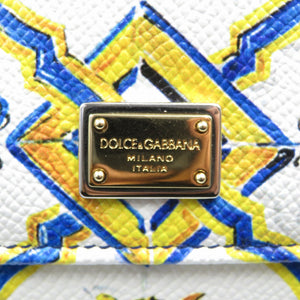 新品同様 ドルチェアンドガッバーナ シシリーウォレット マヨルカ柄 レザー PVC ゴールド金具 ホワイト ブルー イエロー チェーンウォレット 長財布 0500【中古】DOLCE&GABBANA
