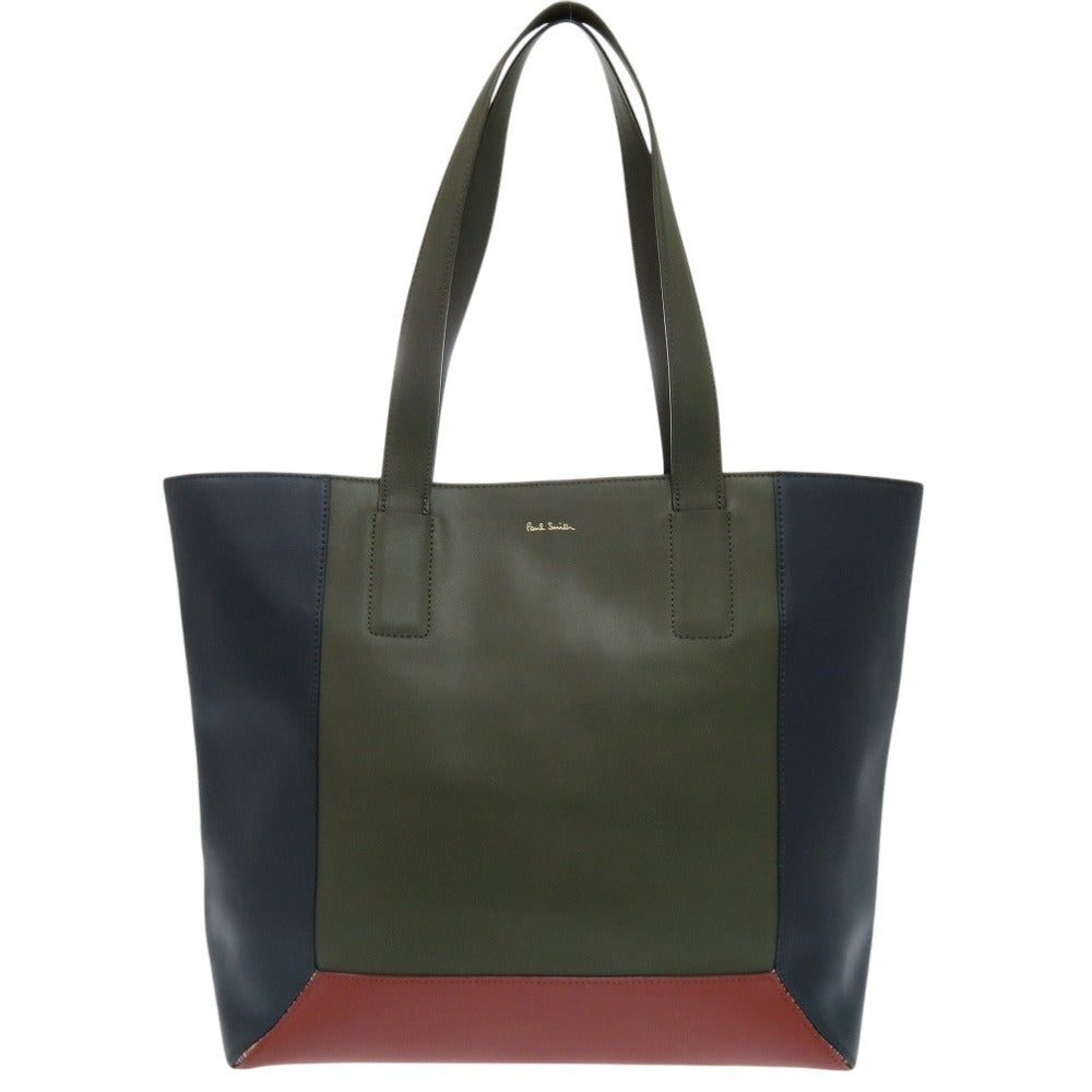 美品 ポールスミス コントラストカラーブロック レザー グリーン トートバッグ 緑 0549【中古】Paul Smith