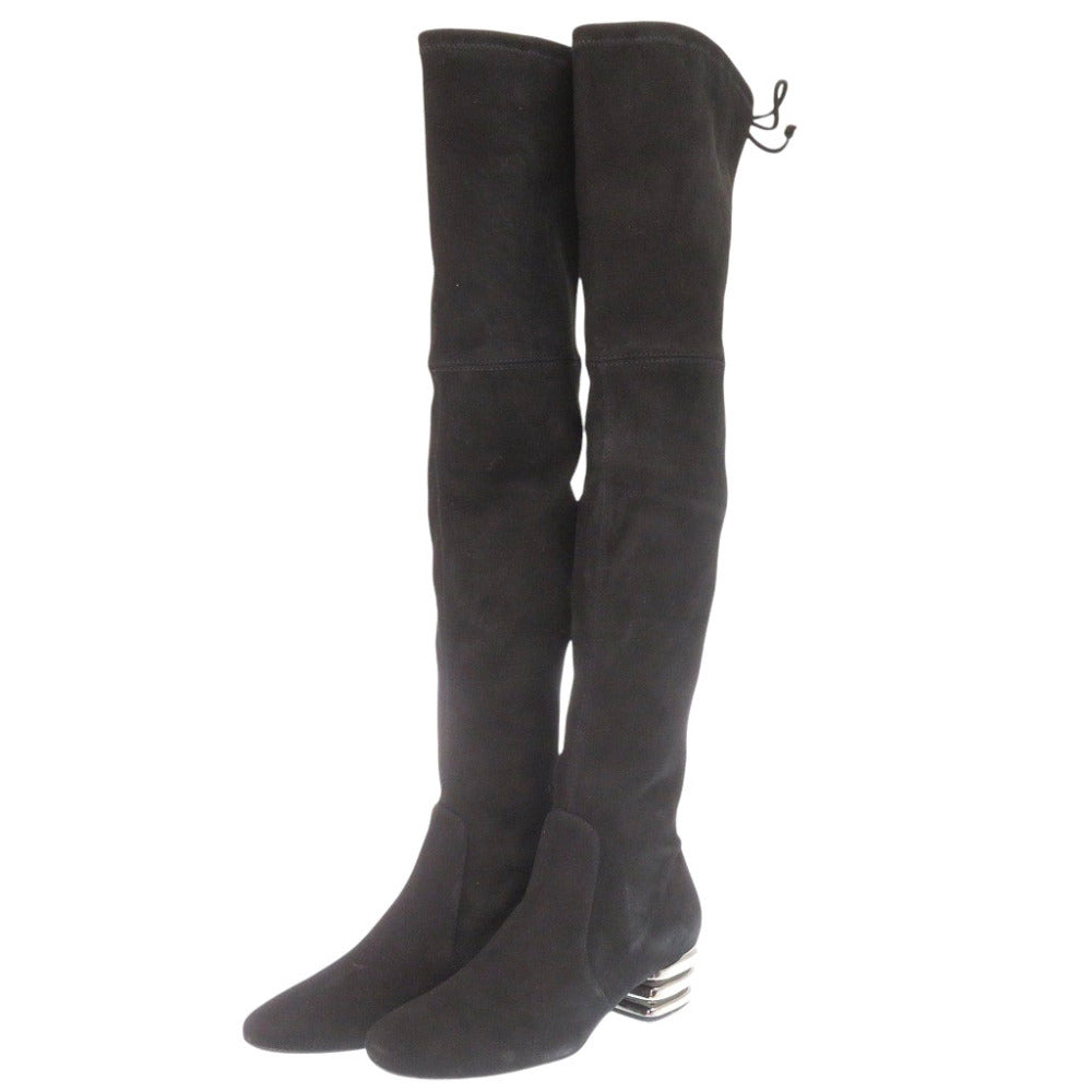 新品同様 スチュアートワイツマン レザー ブラック スエードニーハイストレッチブーツ 黒 0624【中古】STUART WEITZMAN