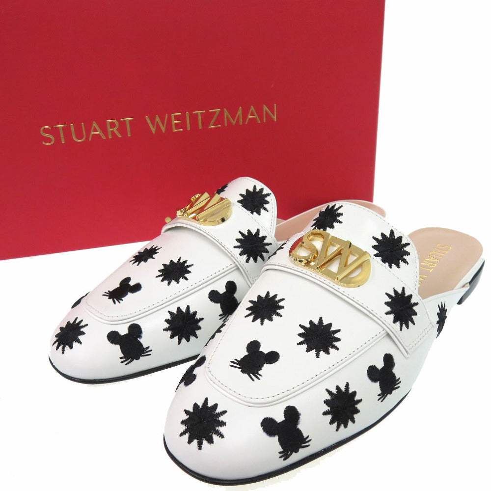 未使用品 スチュアートワイツマン FRANCES SLIDE MOUSE ミュール バックル ロースクエアヒール エンブロイダリー カーフ ホワイト 0625【中古】STUART WEITZMAN