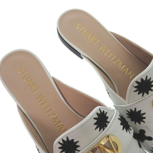 未使用品 スチュアートワイツマン FRANCES SLIDE MOUSE ミュール バックル ロースクエアヒール エンブロイダリー カーフ ホワイト 0625【中古】STUART WEITZMAN