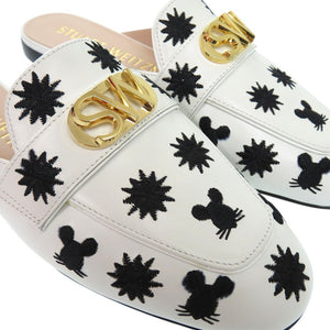 未使用品 スチュアートワイツマン FRANCES SLIDE MOUSE ミュール バックル ロースクエアヒール エンブロイダリー カーフ ホワイト 0625【中古】STUART WEITZMAN