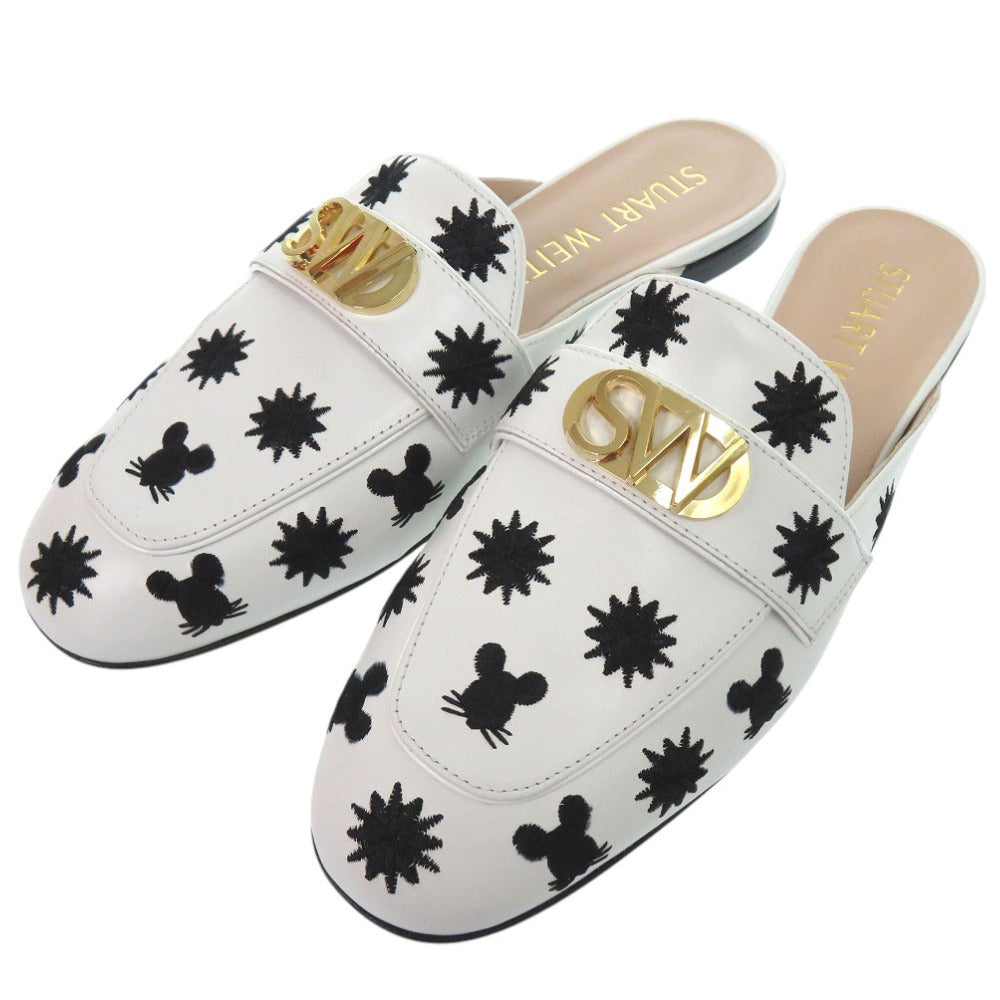 未使用品 スチュアートワイツマン FRANCES SLIDE MOUSE ミュール バックル ロースクエアヒール エンブロイダリー カーフ ホワイト 0626【中古】STUART WEITZMAN