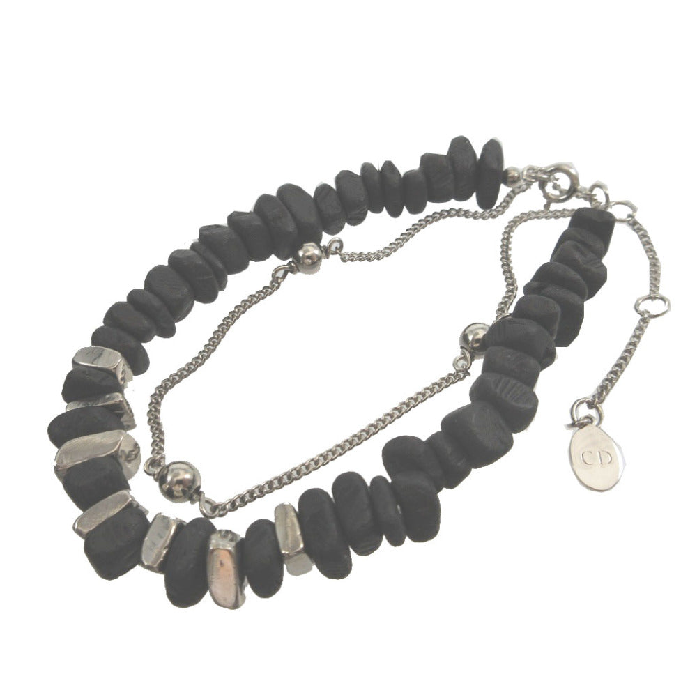 新品同様 ディオールオム ダブル ロウ ストーンモチーフ ビーズ メタル ブラック 黒 ブレスレット 0673【中古】Dior HOMME