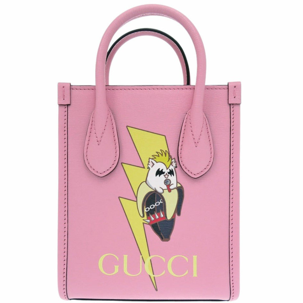 未使用 グッチ ばなにゃコラボ 671623 レザー 2wayハンドバッグ ピンク 0727【中古】GUCCI