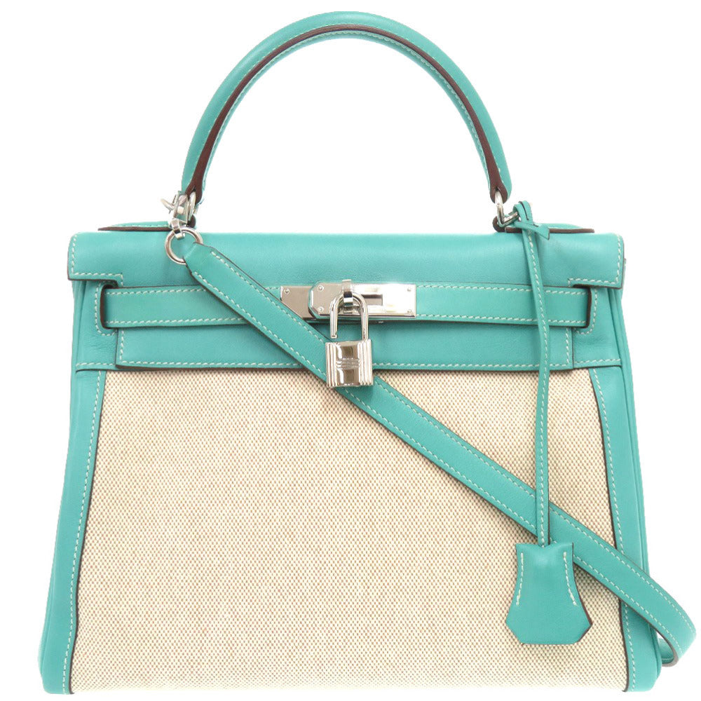 美品 エルメス ケリー28 内縫い ヴォースイフト トワルアッシュ ラゴン エクリュ シルバー金具 □L刻印 ハンドバッグ 0248 【中古】 HERMES