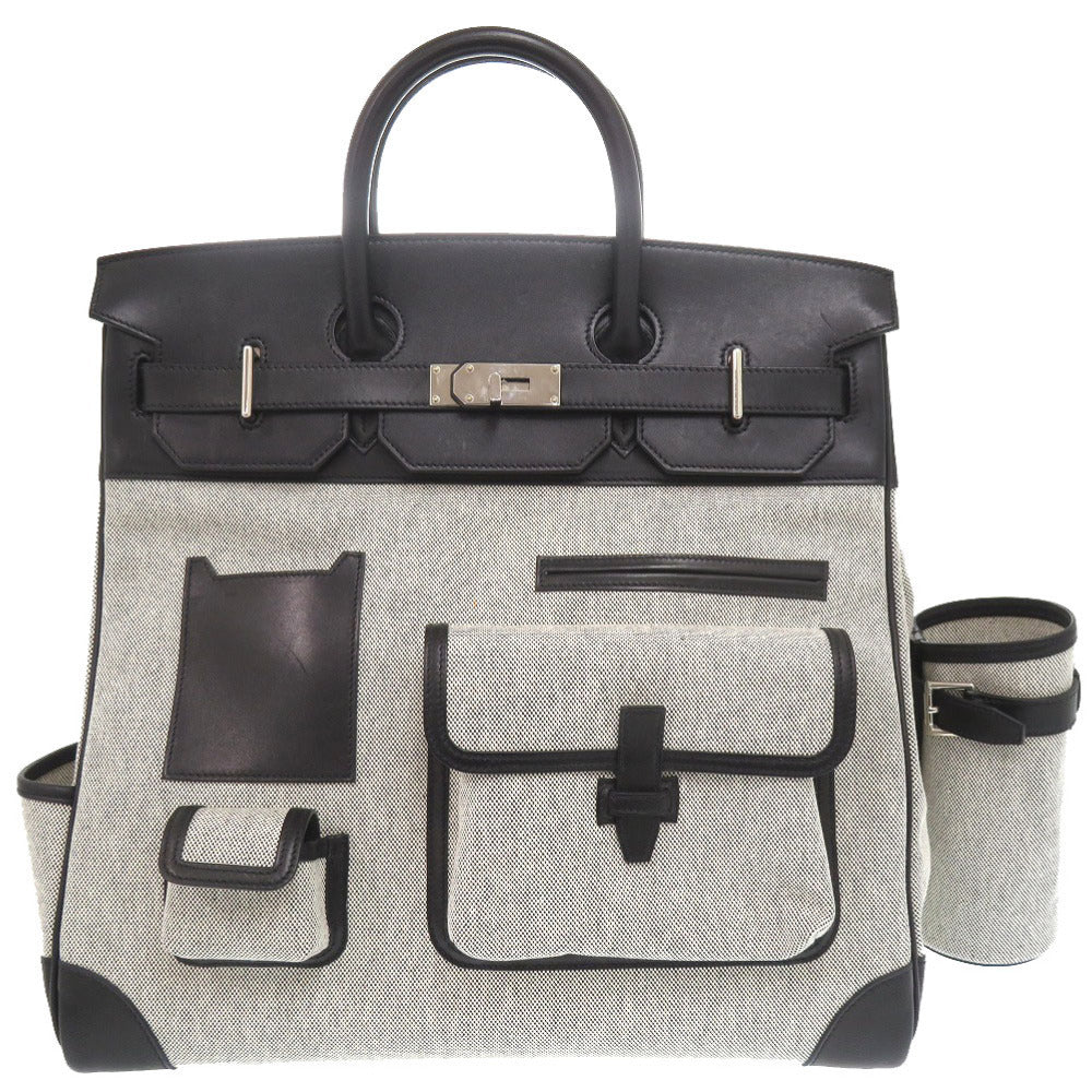 美品 エルメス オータクロアカーゴ40 トワルアッシュ ヴォーエバーカーフ ブラック エクリュ U刻印(2022年製) ハンドバッグ 黒 0730 【中古】 HERMES