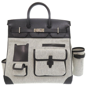 美品 エルメス オータクロアカーゴ40 トワルアッシュ ヴォーエバーカーフ ブラック エクリュ U刻印(2022年製) ハンドバッグ 黒 0730 【中古】 HERMES