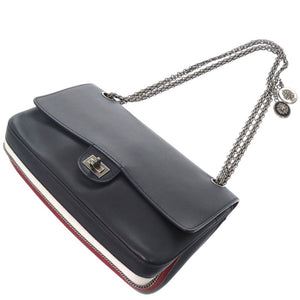 美品 シャネル ダブルフラップ チェーンショルダーバッグ  レザー ネイビー 0758【中古】CHANEL