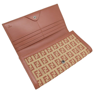新品同様 フェンディ 8M0000 ズッキーノ キャンバス レザー ベージュ ピンク 2つ折り長財布 0938 FENDI